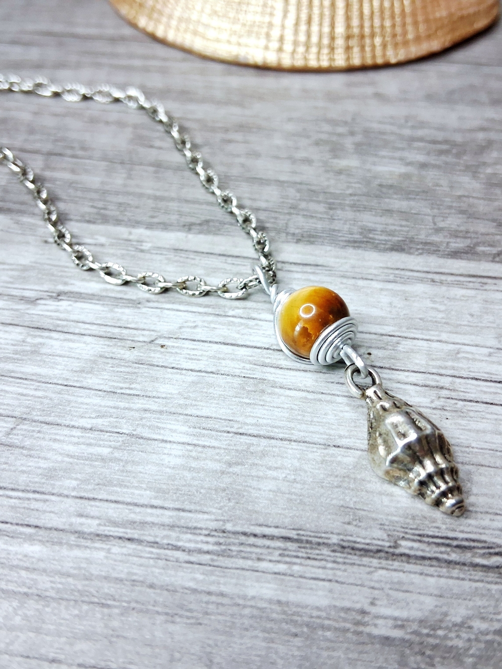 Silver Choker Necklace with Tigers Eye and Shell Charm